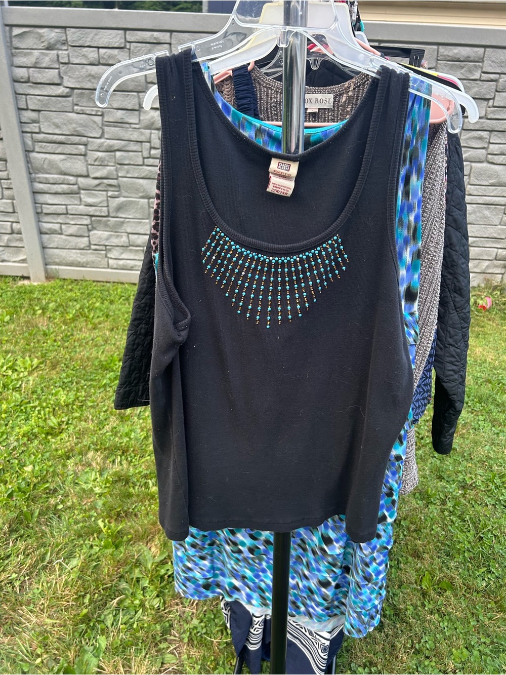 Faded Glory Black Tank with Turquoise Beaded Necklace Detail
